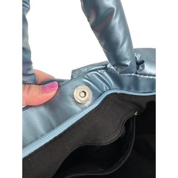 Unbranded Women's Blue Shiny Hobo Puffer Tote Shoulder Bag 10in X 14in - Picture 6 of 7